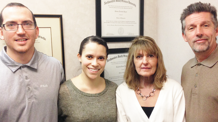 Team of chiropractors at Amherst Chiropractic: Zach Kashevaroff, from left, followed by Chelsea, Elizabeth and Tom Lyons. The Lyons have been in business for 30 years. Daughter Chelsea recently joined the business.