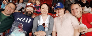 Members of Invisible Illness Game Night Meetup Group enjoying time together at a Buffalo Bisons game. From left are Joe Kendall, Ryan Gurnett, Kelly Gurnett, Crystal Fudalik and Jenn Offhaus.