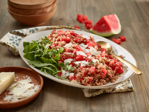 Watermelon and Bulgur Wheat Salad — A light main or hearty side dish, watermelon adds a sweet complement to the chewy bulgur and peppery arugula. 