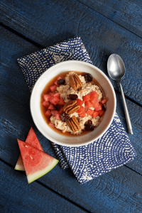 Steel-Cut Oats with Watermelon — Steel-cut oats are one of the most nutritious grains, rich in the soluble fiber called beta glucan that helps keep blood fats and sugar in healthy ranges. 