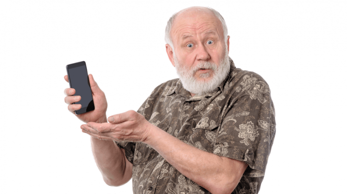 old man holding a smart phone