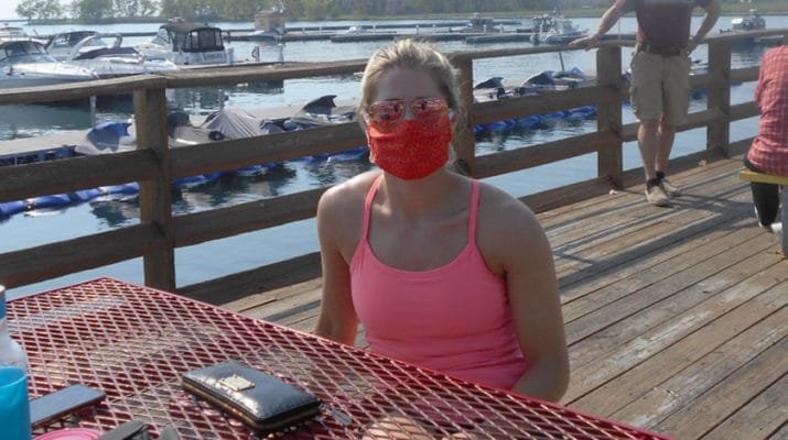 Wearing mask at Charlie’s BoatYard Restaurant, 1111 Fuhrmann Blvd, Buffalo. 