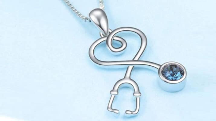 Sterling Silver Stethoscope Necklace by AOBOCO ($29.99) features simulated birthstone crystals set in sterling silver. It can be found on Amazon.com