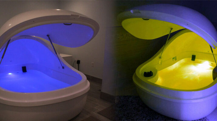 Left: Flotation pod at Float 18 in Buffalo. Owner Scott Stambach, a physician’s assistant, says floating promotes mental clarity and enhances creativity and problem solving, among other benefits. Right: Flotation pod at Ascend Float Spa in Buffalo. The business has been in operation since 2019. “When I first floated, it was the mind, body and spirit healing — the whole person healing. It changed my life,” says Katrina Avent, a registered nurse, who owns the place.