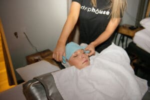 Eucalyptus infused cooling towel is applied to one of clients at Driphouse.