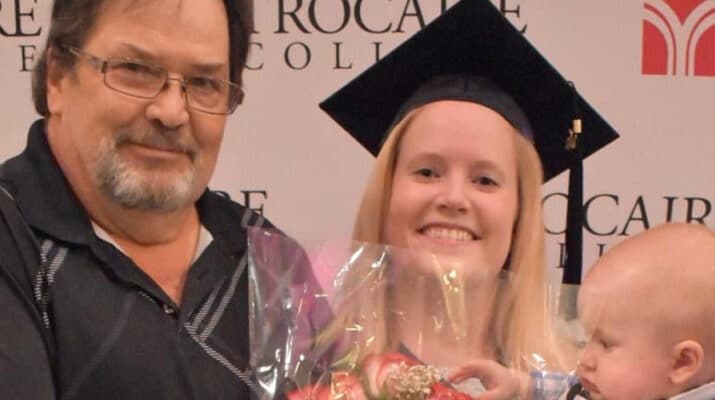 Harry Lindsey of Cheektowaga presents a bouquet to his daughter Danielle of Hamburg as she graduates from Trocaire College, where she Became a licensed practical nurse. He died of COVID-19 in May. “He remains my motivation and I know he’s looking down on me and guiding me through this thing we call life,” his daughter said.
